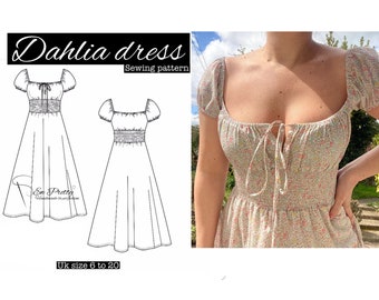 Milkmaid, vita arricciata, maniche corte a sbuffo, modello di cucito digitale pdf, taglie uk da 6 a 20, cottagecore, abito dalia