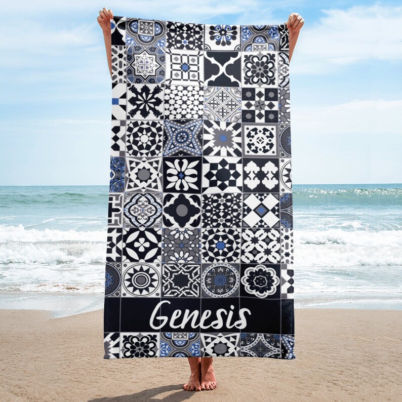 Moroccan Tiles Personalized Beach Towel Black And Gray Image 0