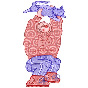 Op de afbeelding: Illustratie van een persoon die een blauwe kat vasthoudt. De persoon draagt een rode trui met een kattenafbeelding en de tekst "HIGHEST IN THE ROOM". Een blauw-witte gestreepte broek en rode schoenen maken de look compleet.