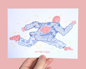 OFF the CLOCK - A5 illustratie kunstprint op matte 250 gsm kaart, woondecoratie, frameloze poster, gedrukte kunst, grafisch ontwerp, kantoordecoratie