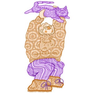 Op de afbeelding: Illustratie van een persoon die een paarse kat vasthoudt. De persoon draagt een bruinbeige trui met een kattengezicht en de tekst "HIGHEST IN THE ROOM". Ze dragen ook een paarse gestreepte broek en bruinbeige laarzen.