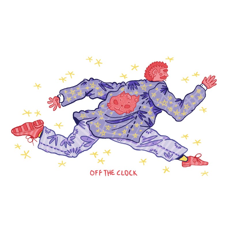 May include: A cartoon illustration of a person running with stars in the background. The person is wearing a purple and yellow patterned jacket with a red cat on the back. The person is wearing red shoes and the text "OFF THE CLOCK" is written below the person.