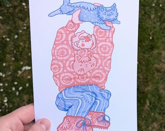 Highest in the Room A5 illustration, art print on matte 250gsm card, wall decor, colourful poster, character design, illustrated print, cats