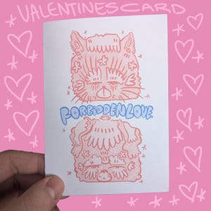 FORBIDDEN LOVE valentijnskaart - kunstafdruk op mat 250 gsm kaart, wenskaart, valentijnsdagcadeau, gedrukte kunst, illustratie kat en hond