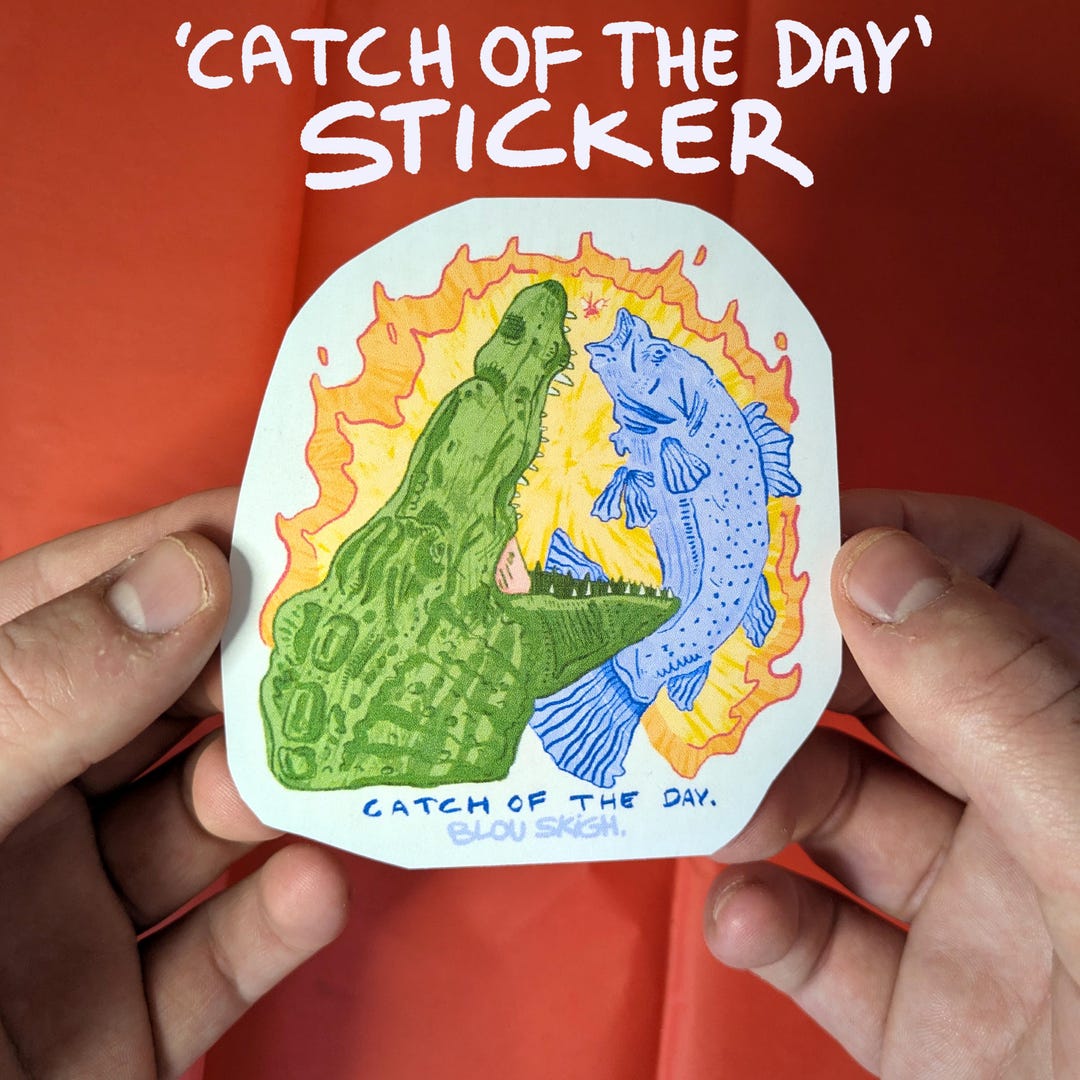 Catch of the Day Vinyl Sticker, Crocodile and Fish Sticker, Colourful ...