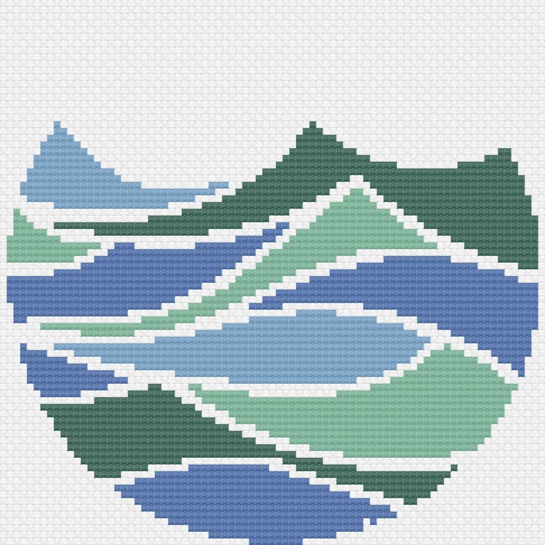 May include: Abstract cross-stitch pattern with a blue, green, and white color scheme. The pattern resembles a mountain range with overlapping peaks and valleys.
