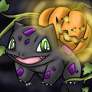 Könnte beinhalten: Ein schwarzer und lilafarbener Pokémon-Charakter mit grünen Augen steht vor einer leuchtenden orangefarbenen Kürbislaterne. Das Pokémon ist von grünen Ranken umgeben.
