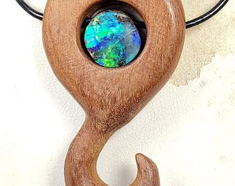 Boulder opal and wood pendant. 55x32x10mm.