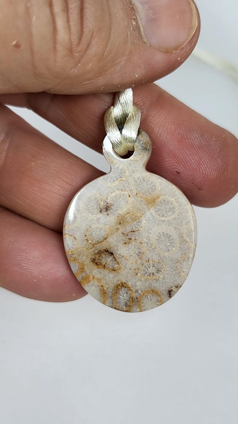 Puede incluir: Un colgante redondo blanco con un dise&ntilde;o de coral fosilizado marr&oacute;n. El colgante est&aacute; unido a un cord&oacute;n plateado.