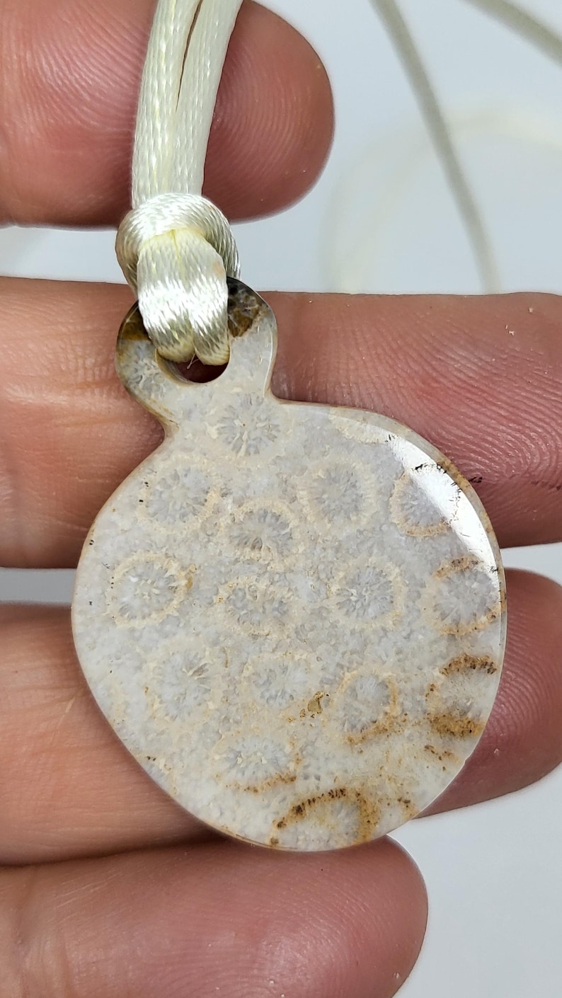 Puede incluir: Un colgante de coral fosilizado blanco y marr&oacute;n en un collar de cord&oacute;n blanco. El colgante tiene forma de l&aacute;grima y presenta un patr&oacute;n detallado de coral fosilizado.