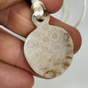 Puede incluir: Un collar de cord&oacute;n blanco con un colgante redondo hecho de coral fosilizado. El colgante tiene un color marr&oacute;n claro con un patr&oacute;n blanco y marr&oacute;n.