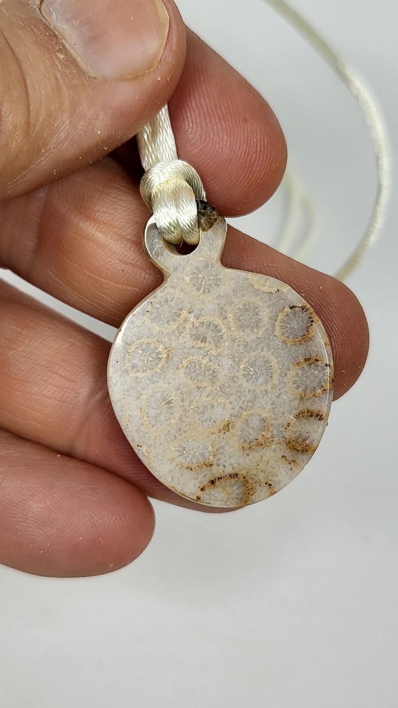 Puede incluir: Un collar de cord&oacute;n blanco con un colgante redondo hecho de coral fosilizado. El colgante tiene un color marr&oacute;n claro con un patr&oacute;n blanco y marr&oacute;n.