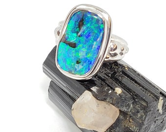 Boulder opal ring. Australian opal ring. Gem opal ring. 19x12mm.