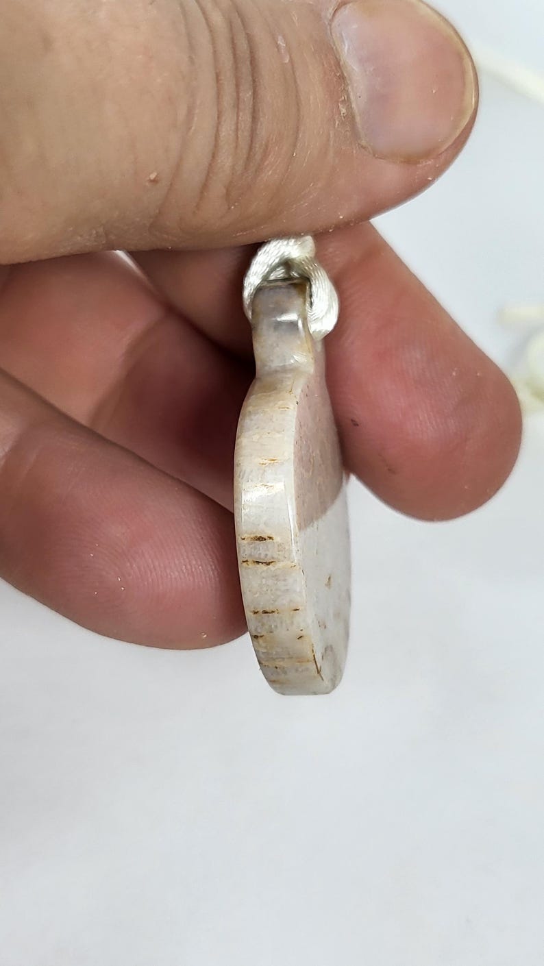 Puede incluir: Un colgante de coraz&oacute;n blanco y marr&oacute;n con un cord&oacute;n plateado.
