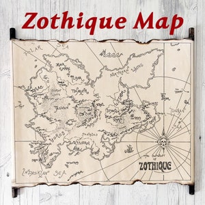 Mapa de Zothique en pergamino hecho a mano, mapa de Clark Ashton Smith, mapa de Tales of Zothique, mapa del ciclo de Zothique, The Dark Eidolon, Xeethra, ENVÍO GRATIS