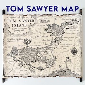 Mapa de la isla de Tom Sawyer en pergamino hecho a mano, guarida de los piratas en la isla de Tom Sawyer, Mark Twain, Las aventuras de Tom Sawyer y Huckleberry Finn