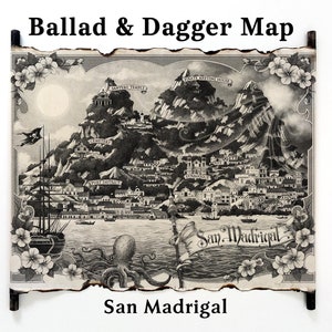 Carte de San Madrigal sur rouleau fait main, carte ballade et poignard, carte fantastique, carte des saints hors-la-loi, carte du dernier chant des morts, cadeau personnalisé