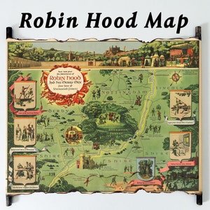 Robin Hood Karte auf handgefertigter Rolle, Die Abenteuer von Robin Hood und seine lustigen Männer aus Tales of Sherwood Forest Karte, Robin Hood Kunstwerk