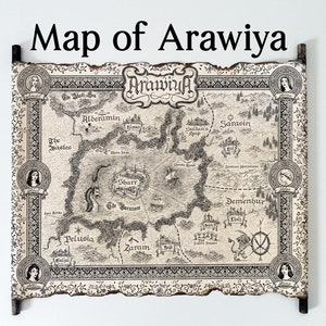 Mapa de Arawiya en pergamino hecho a mano, Mapa de las Arenas de Arawiya, Mapa del libro Cazamos la Llama, Mapa de Liberamos las Estrellas, Mapa del Reino de Arawiya