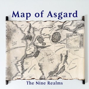 Mapa de Asgard en pergamino hecho a mano, Mapa de los Nueve Reinos, Mapa de Yggdrasil, Mapa vikingo, Thor, Loki, Valhalla, Mitología nórdica, Asgard de los Nueve Mundos
