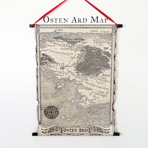 Carte d'Osten Ard sur rouleau fait main, souvenir, chagrin et épines, chaise en os de dragon