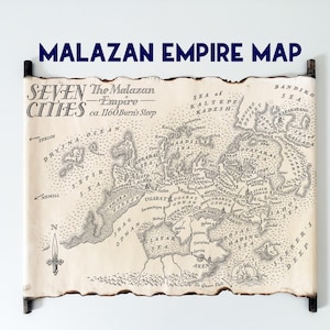 Mapa de las Siete Ciudades en pergamino hecho a mano, Imperio Malazano, Libro de los Caídos. Decoración para estantería.