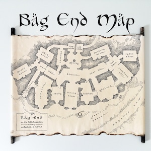 Bag End on the Hill-kaart op handgemaakte rol, fantasiekaart, cadeau fantasieboekliefhebber, hobbitkaart, een gat in de grond, huisindeling Bag End