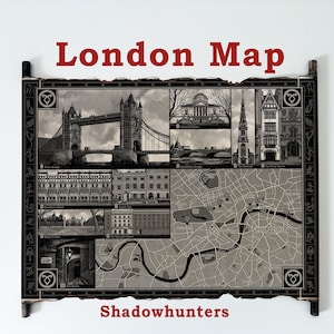 Mapa de Londres de los cazadores de sombras en pergamino hecho a mano, Londres del mundo de las sombras en el mapa del período de las últimas horas, mapa de los instrumentos mortales, cadena de espinas