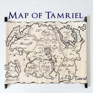 Tamriel-kaart op handgemaakte scroll, Skyrim-kaart, The Elder Scrolls, TES-kaart, Morrowind-kaart, Oblivion-kaart, Hammerfell, High Rock-kaart, Skyrim Art