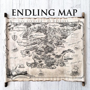 Mapa de Endling en pergamino hecho a mano, Mapa del Reino de Nedarra, Mapa de la serie Endling, El último, el primero y el único mapa, Mapa de Nedarra