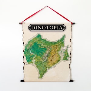 Mappa di Dinotopia, Mappa del mondo sotto la mappa, Mappa dell'isola di Dinotopia, Mappa del primo volo, Mappa di Dinotopia su pergamena fatta a mano, Viaggio a Chandara