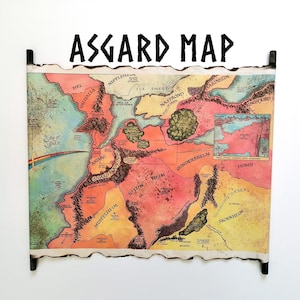 Mapa de Asgard, Ásgardr en la mitología nórdica, morada de los dioses, Valhalla, Bifrost, mapa de la ciudad de Asgard en un pergamino de fantasía