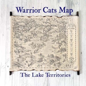 Mapa del libro de los gatos guerreros en pergamino hecho a mano, mapa de los Territorios del Lago, mapa de los Nuevos Territorios, mapa de la serie de los Guerreros, Cat View, Sanctuary Lake
