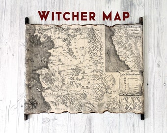 Mapa del mundo de The Witcher hecho a mano en pergamino, lámina artística de fantasía