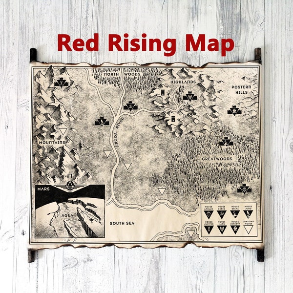 Red Rising Book Map on Handmade Scroll, Red Rising Saga Map, Golden Son Map, Morning Star Map, Iron Gold Map, Sons of Ares Map, Dark Age Map