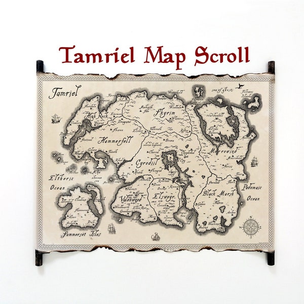 Carte de l'empire de Tamriel, carte de Tamriel sur parchemin fait main, carte Elder Scrolls, carte de Skyrim, carte TES, carte Cyrodiil, art de Skyrim, cadeau Elder Scrolls