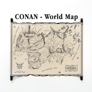 El mundo de Hyboria, mapa de Conan en pergamino hecho a mano, mapa de la era de Hyboria, Era de Conan, continente de Thurian, mapa de Conan el Bárbaro, Hiperbórea