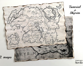 2 MAPS, Tamriel and Skyrim Map, 2 Elder Scrolls Map, TES Map, ESO Map, Map of Tamriel + Map of Skyrim, Cyrodiil, Morrowind, Oblivion Map