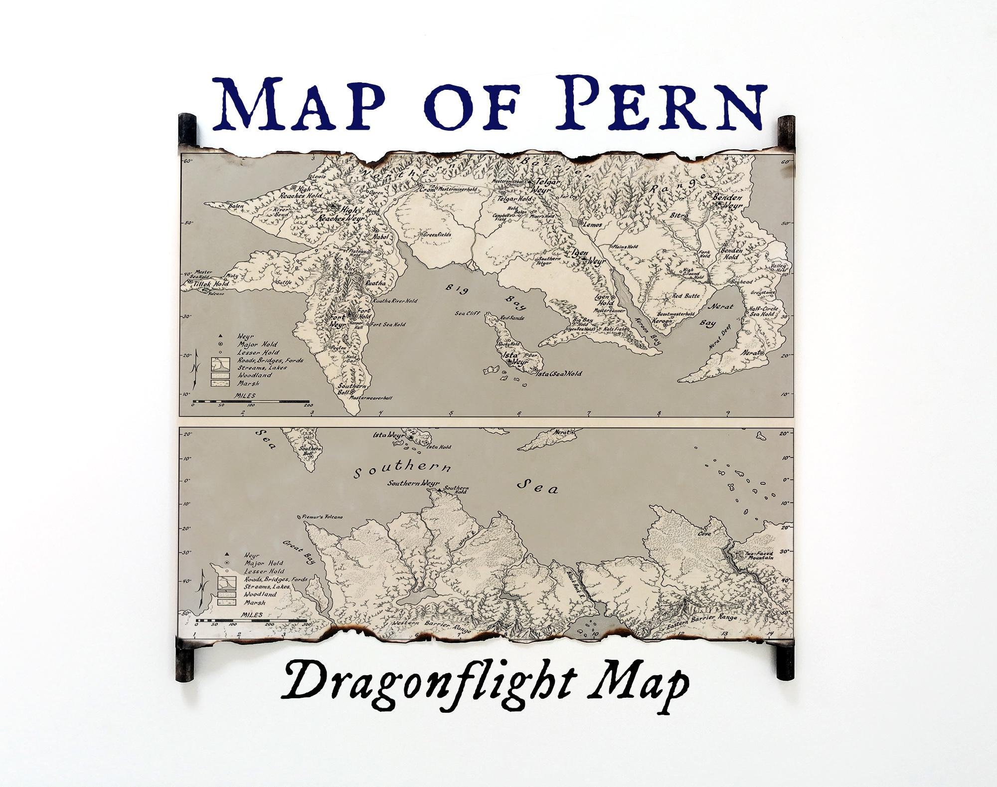 Map of Pern, Dragonriders of Pern Map, Dragonflight Map, Pern Atlas Map of Northern & Southern Continent, Dragonquest Map, FREE SHIPPING
