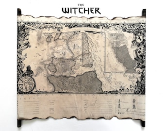 Mapa Wiedźmina na ręcznie wykonanym zwoju, Kontynent Królestw Północnych, wydruk artystyczny fantasy
