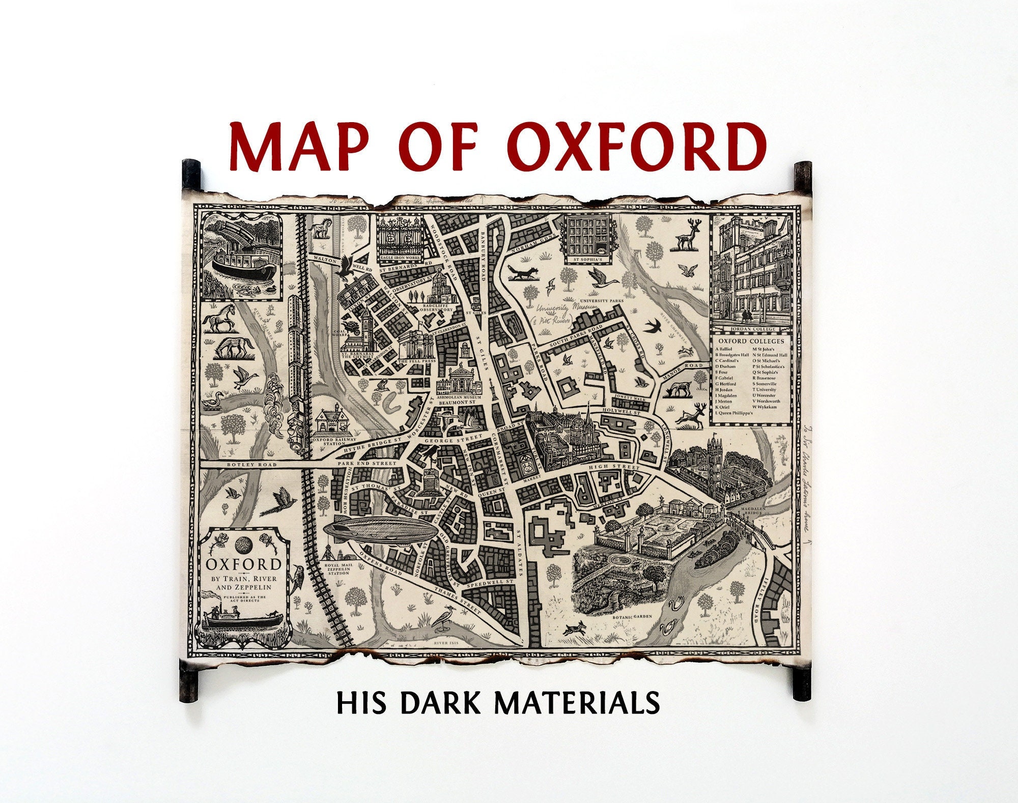 Map of Oxford, Lyra's World Map, His Dark Materials Map on Handmade Scroll, University of Oxford Map, Golden Compass Map, Northern Lights