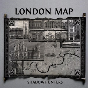 Mapa de Londres de los Cazadores de sombras en pergamino hecho a mano, Mapa de Los instrumentos mortales, Londres de Shadow World en el periodo de Los dispositivos infernales, Mapa de fantasía