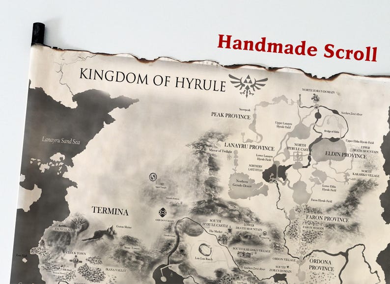 Kingdom of Hyrule Map on Handmade Scroll, the Legend of Zelda Map, Land