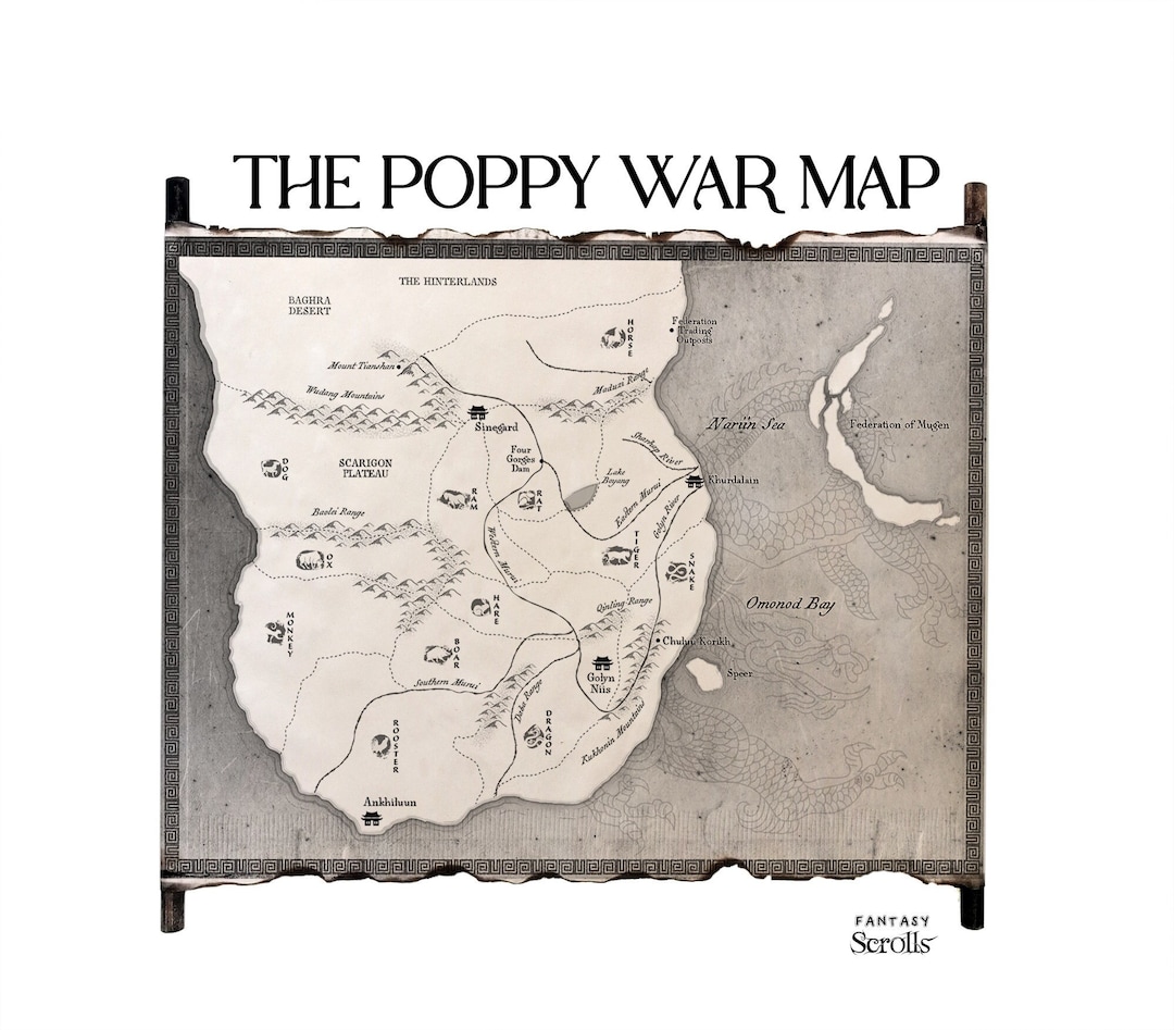 The Poppy War Map on Handmade Scroll, Nikan Map, the Dragon