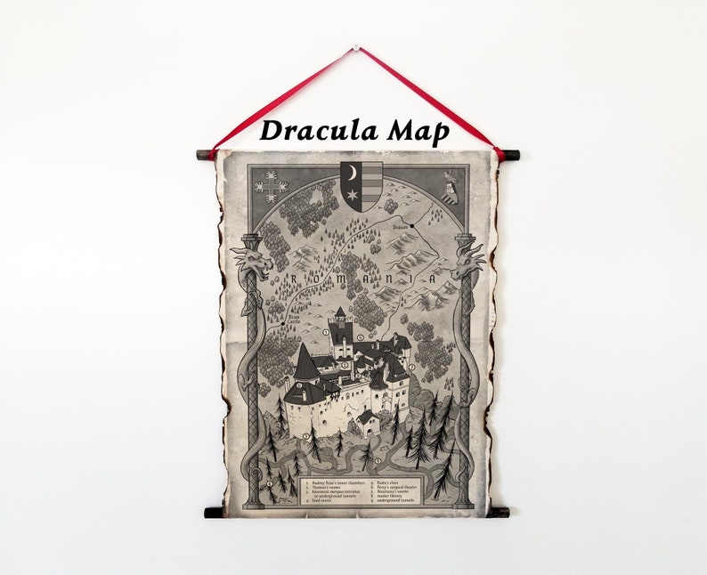 FREE SHIPPING Fantasy Dracula Map, Bran Castle Map on Handmade Scroll