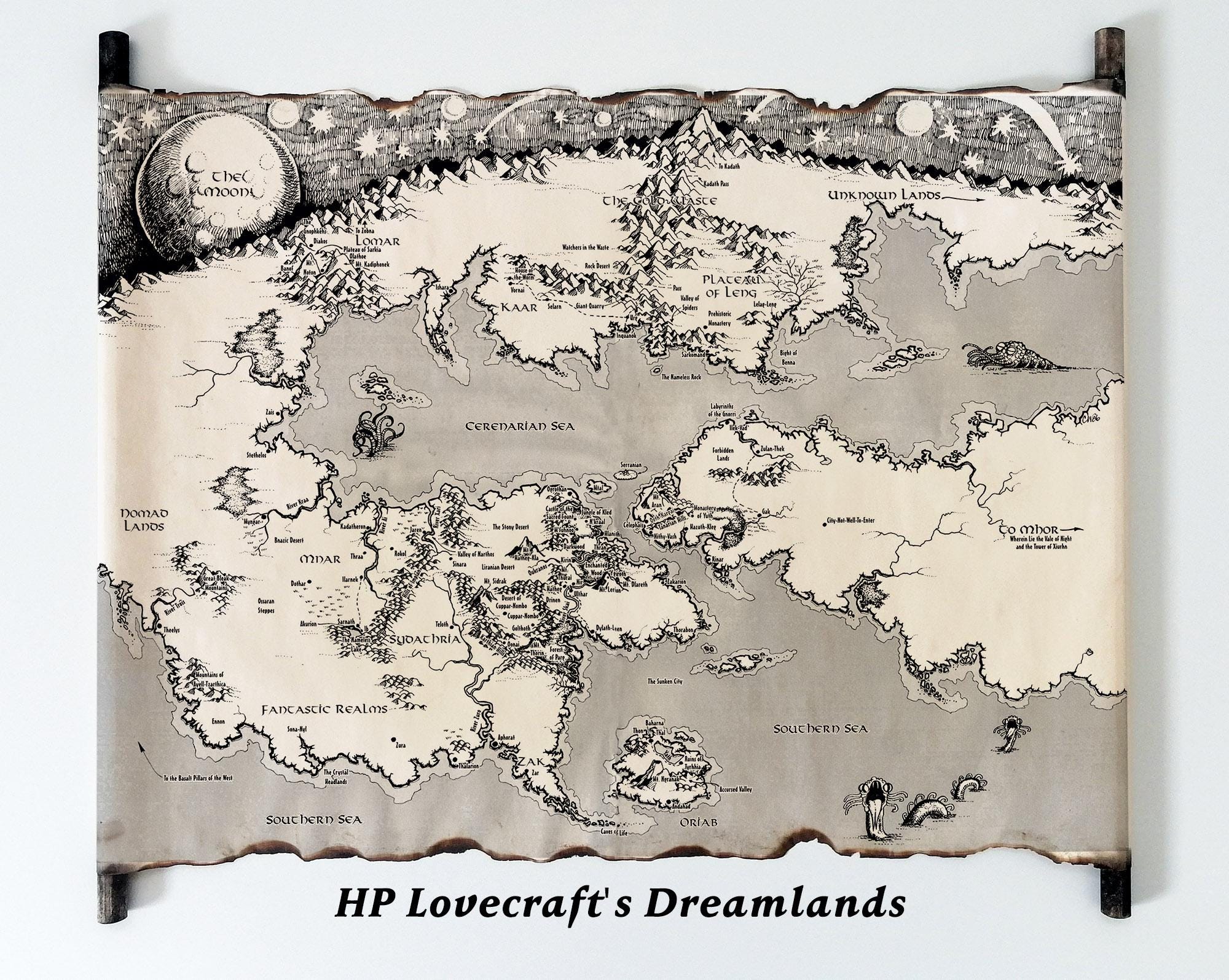 手作りの巻物に描かれたドリームランドの地図、H・P・ラヴクラフトの夢