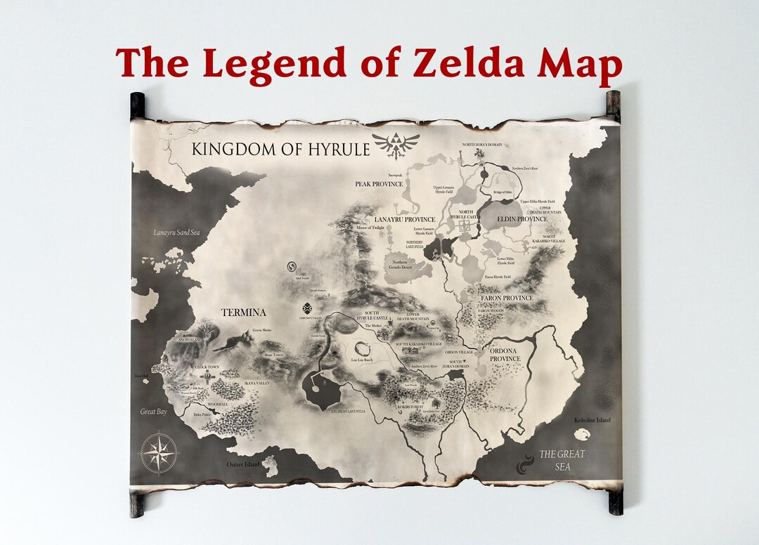 Kingdom of Hyrule Map on Handmade Scroll, the Legend of Zelda Map, Land