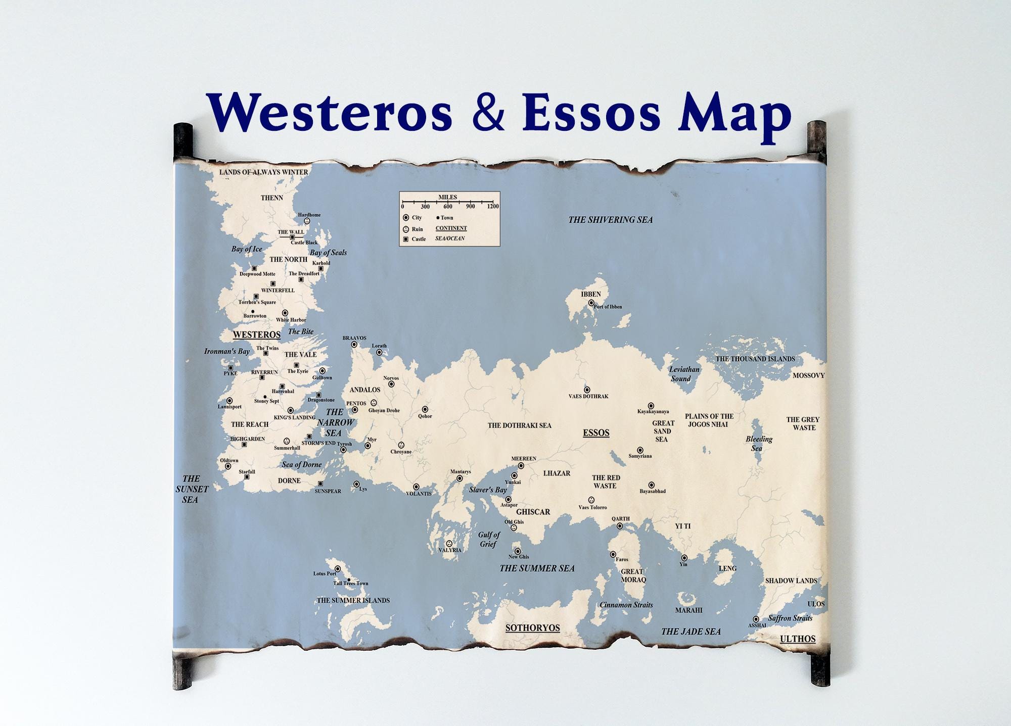 FREE SHIPPING - Color Map of Essos and Westeros on Handmade Scroll, Free Cities, Dothraki Sea, A Song of Ice and Fire Map, Valyria, Book Map