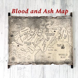 Mapa del mundo de los reinos de Solis y Atlantia en pergamino hecho a mano, mapa del mundo conocido de sangre y ceniza, mapa de carne y fuego, mapa de una sombra en la brasa