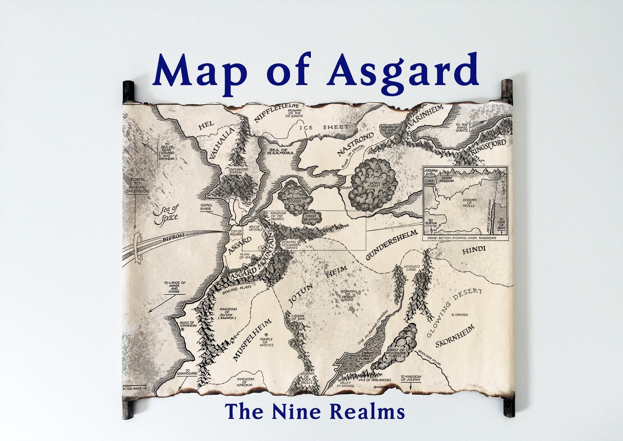 Map of Asgard on Handmade Scroll, The Nine Realms Map, Yggdrasil Map, Viking Map, Thor, Loki, Valhalla, Norse Mythology, Nine Worlds Asgard